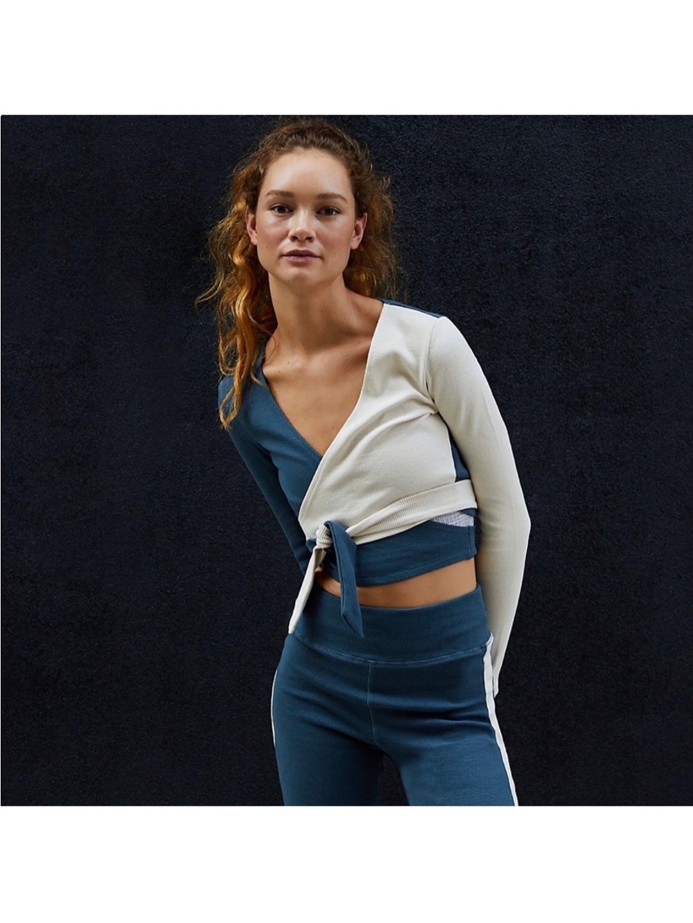 The Upside Two-Tone Wrap Top & Bottom Set in Blue and Cream